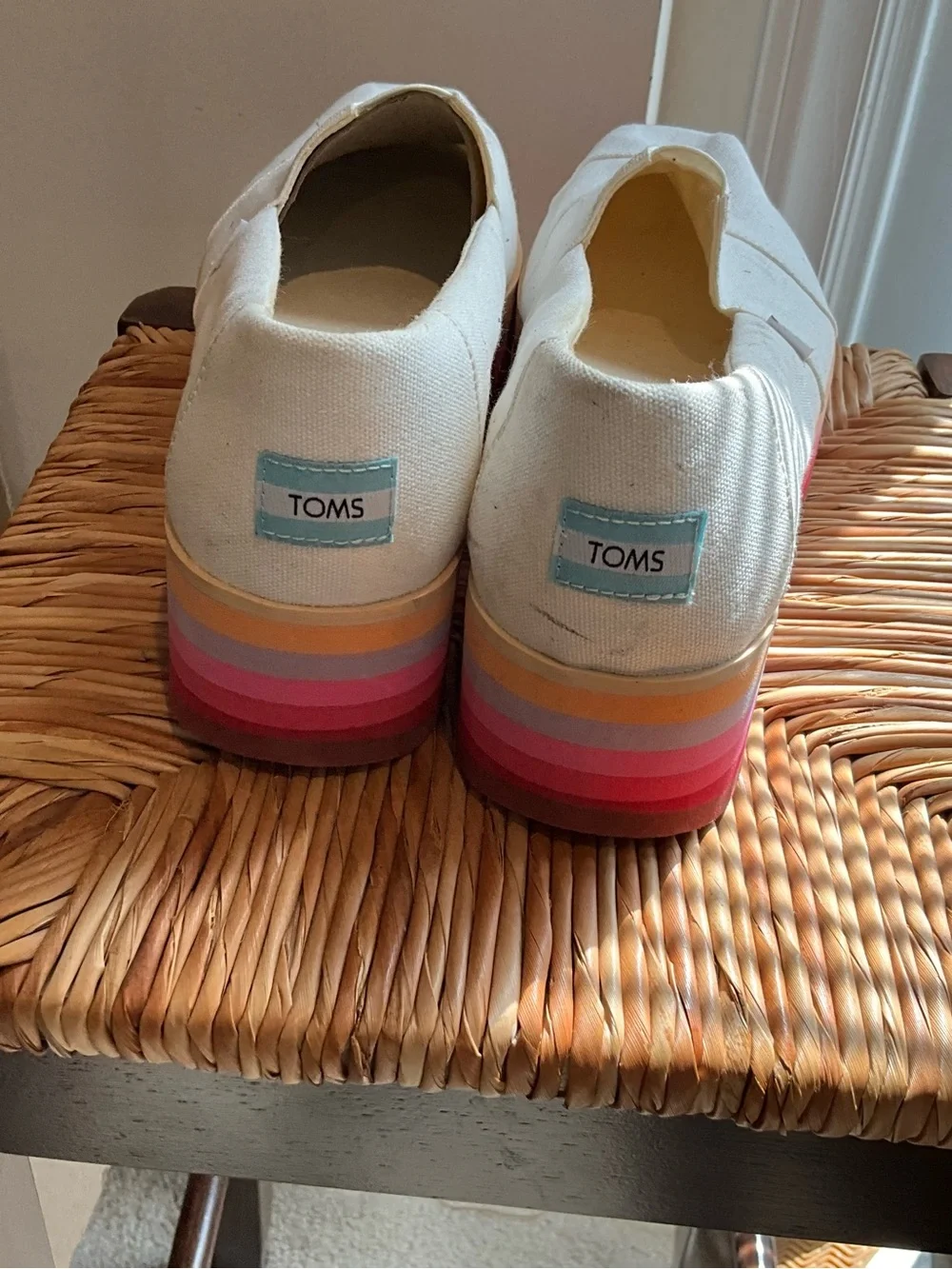 Women’s Toms Ivory Canvas Platform Slip-Ons with Rainbow Layered Sole size 12